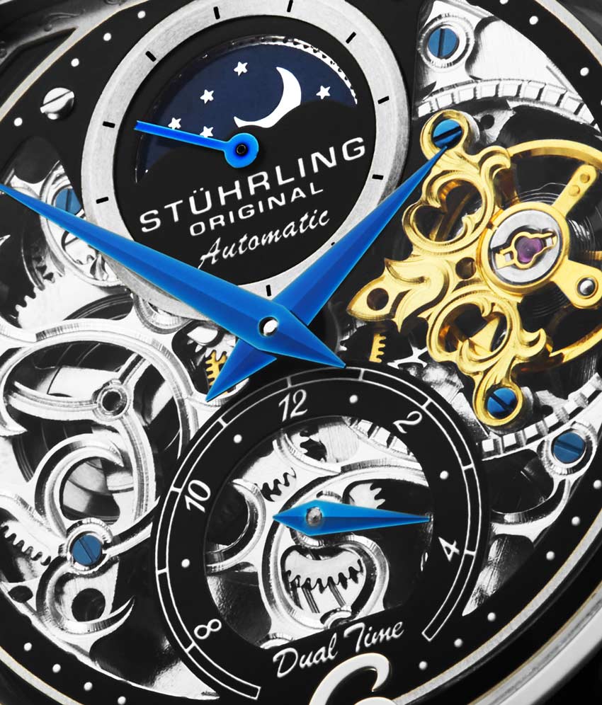 Stuhrling Original 889.01 นาฬิกาผู้ชาย Stuhrling Original รุ่น 889.01, Modena Automatic Dual Time Skeleton Blue Genuine Leather Strap Men's Watch