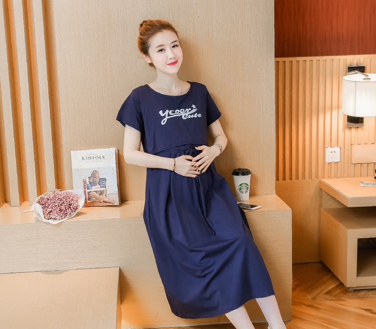 เดรสคลุมท้องแฟชั่นเปิดให้นม ผ้ายืดนิ่มมาก เปิดให้นมแบบง่าย มีเชือกปรับขนาดด้านหน้า