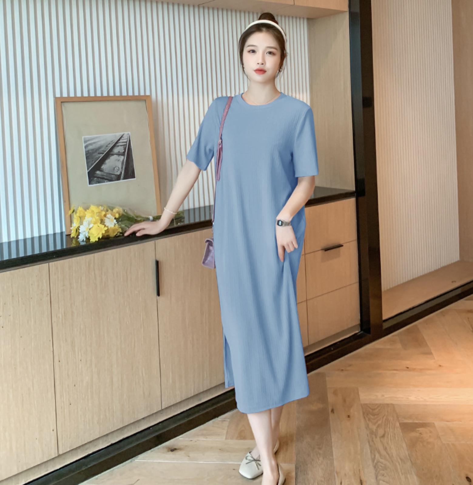 เดรสคลุมท้องแฟชั่นสบายๆ แขนสั้น ดูดี ผ้าทิ้งตัว มีน้ำหนัก เนื้อดีค่ะ M L XL XXL