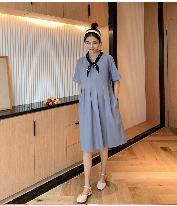 เดรสคลุมท้องแฟชั่นเกาหลี ผ้าฝ้าย ช่วงท้องระบายได้เยอะ ใส่ได้ถึงคลอด ผูกโบว์ที่คอ สวยน่ารักสุภาพ M L XL XXL