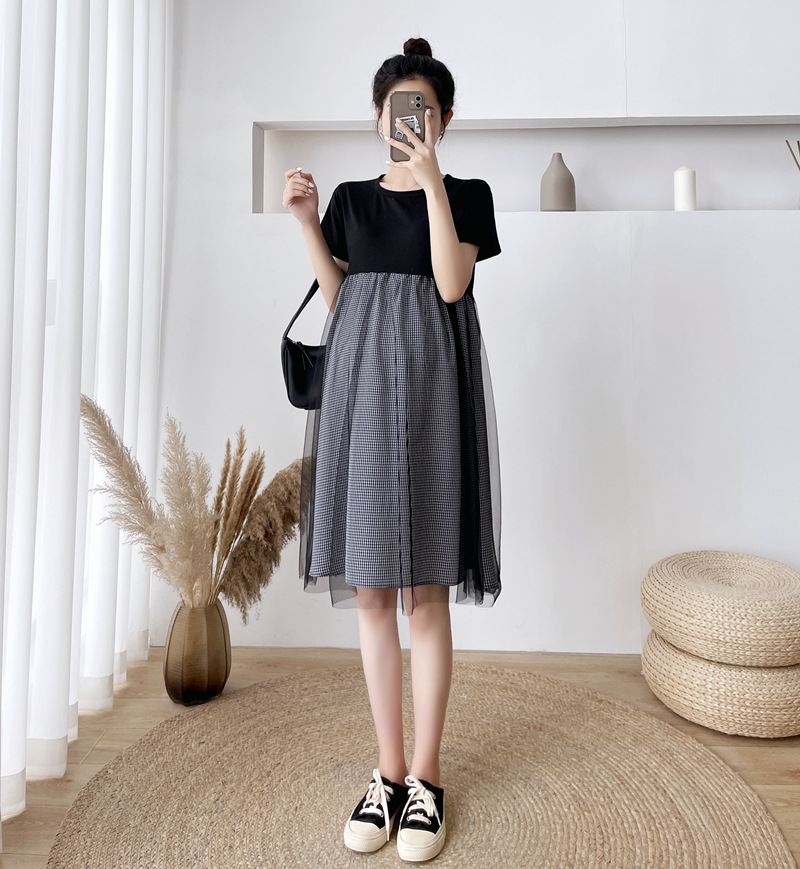 เดรสคลุมท้องแฟชั่นสบายๆ แขนสั้น แต่งด้วยผ้าตาข่ายด้านนอก น่ารัก แบบดูดีมาก M L XL XXL