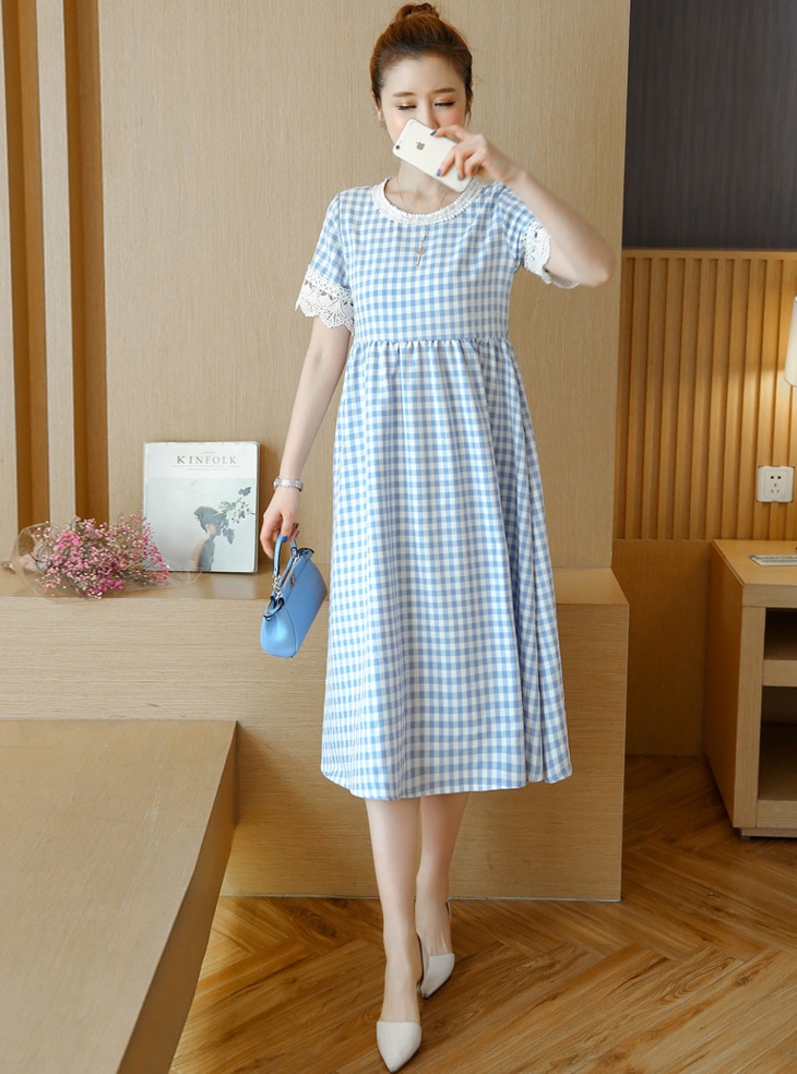 เดรสคลุมท้องแฟชั่นแขนสั้น แขนลูกไม้ ด้านหลังเป็นซิบ รอบท้องใหญ่ทรงระบาย ใส่ถึงคลอด M L XL XXL