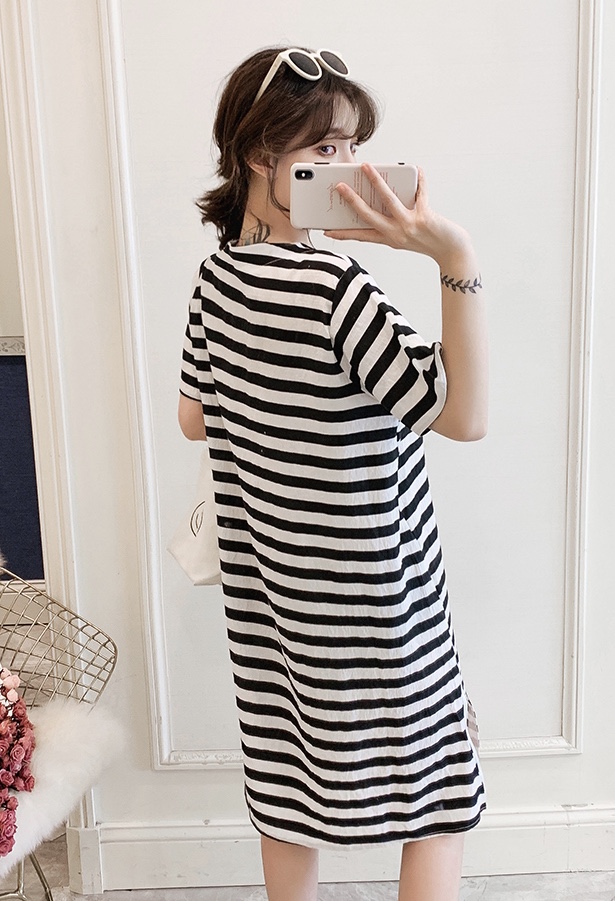 ชุดคลุมท้องแฟชั่นแขนสั้น ลายทาง สไตล์วินเทจ ผ่าข้าง น่ารัก ชิคๆ M L XL XXL