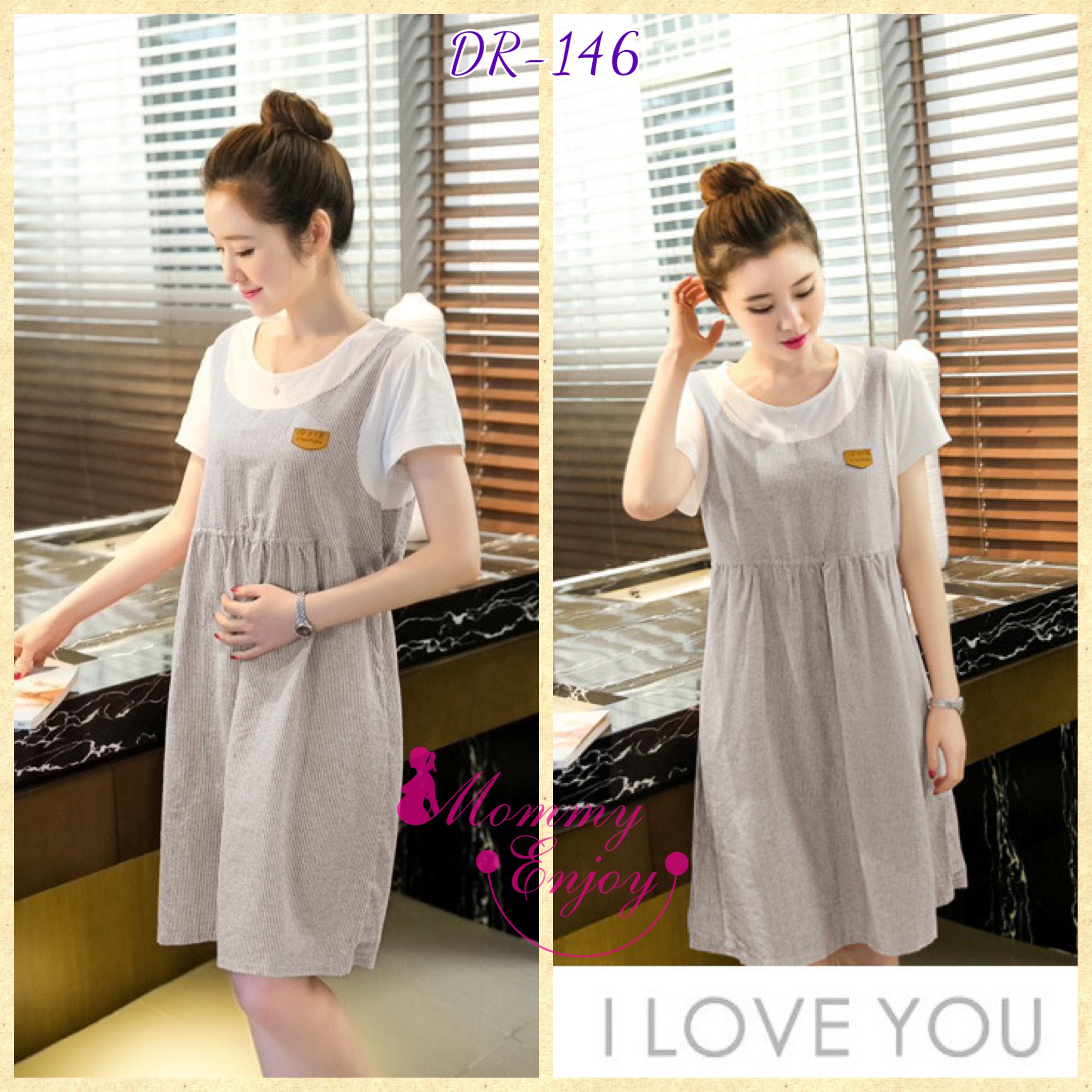 เดรสคนท้อง เทา เหมือนชุดเอี๊ยมมีเชือกผูกหลัง น่ารักมากค่ะ M,L,XL,XXL