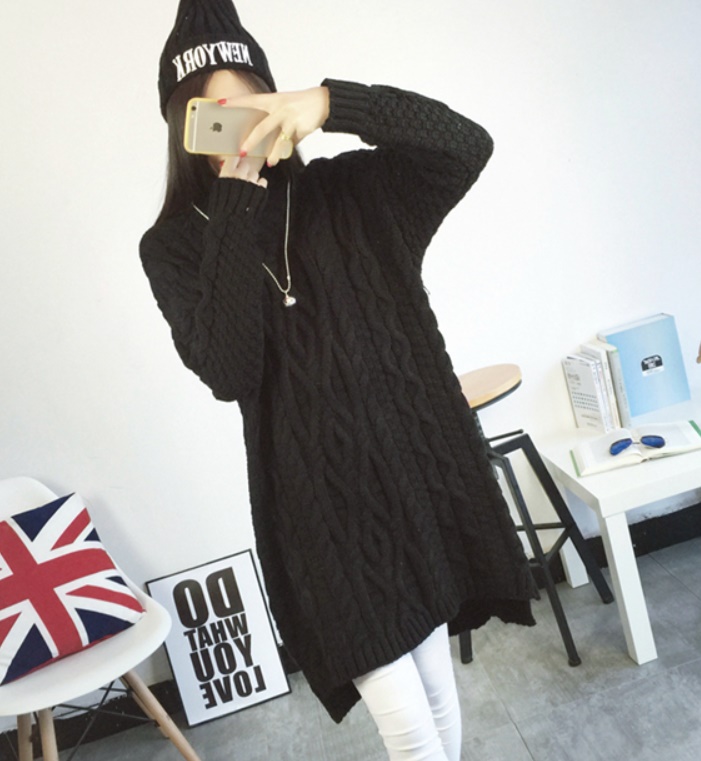 เสื้อกันหนาวพร้อมส่ง :เดรสยาวไหมพรมถักลายผ้าหนาสีดำ คอสูงเสื้อยาวเหนือเข่า แบบสวยมากๆจ้า:รายละเอียดไซส์คลิกเลยจ้า