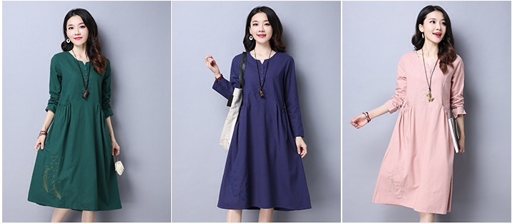 เดรสคลุมท้องแฟชันแขนยาว ผ้าลินิน เนื้อดี ใส่สบายไม่ร้อน มีกระเป๋าข้าง ด้านล่างปักลายนกบิน แต่งกระดุม M L XL,XXL