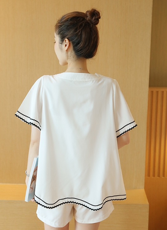 ชุดเสื้อคลุมท้อง+กางเกงขาสั้น ผ้าเนื้อละเอียด แขนระบาย กางเกงปรับขนาดครรภ์ได้ M,L,XL,XXL