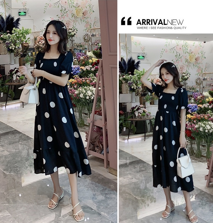 เดรสคลุมท้องแฟชั่นผ้าชีฟอง ช่วงอกสม๊อค แขนตุ๊กตา ด้านหลังผูกโบว์ น่ารักมากค่ะ M L XL XXL