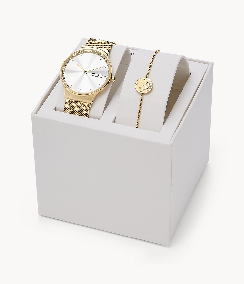 Skagen SKW1148 นาฬิกาผู้หญิง Skagen รุ่น SKW2837, Freja Two-Hand Gold-Tone + Box Set Quartz Women's Watch