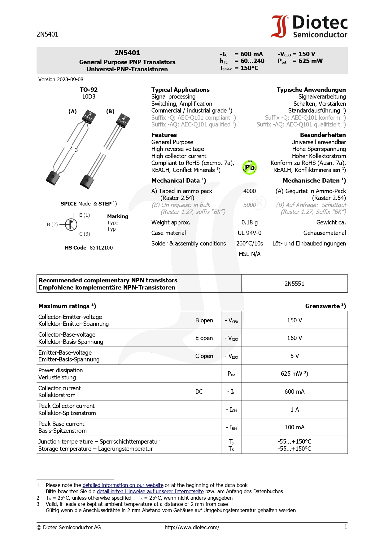 (10ตัว) 2N5401 PNP / 2N5551 NPN Transistor , Signal Processing , Switching , Amplification Applications ทรานซิสเตอร์