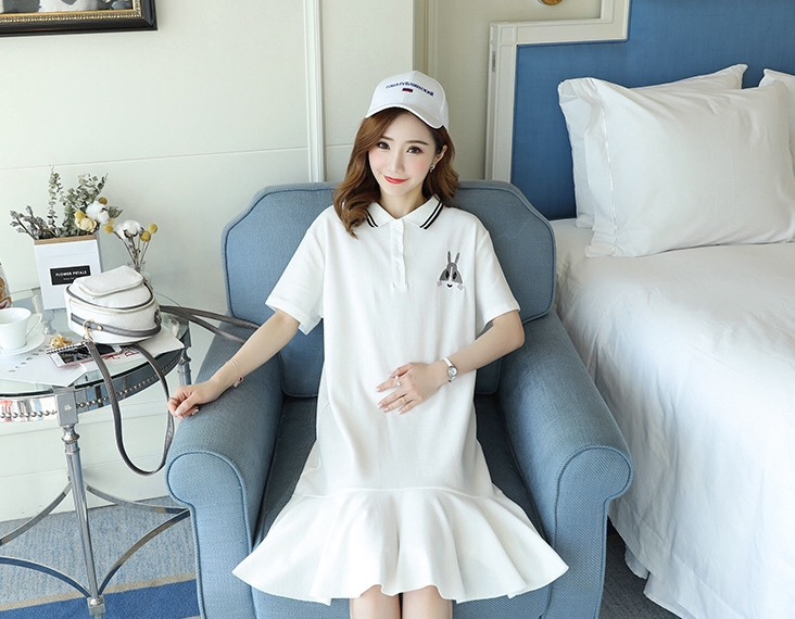 เดรสคลุมท้องแฟชั่นเกาหลี ผ้ายืด คอโปโล ทรงหางปลา น่ารักมากค่ะ M L XL XXL