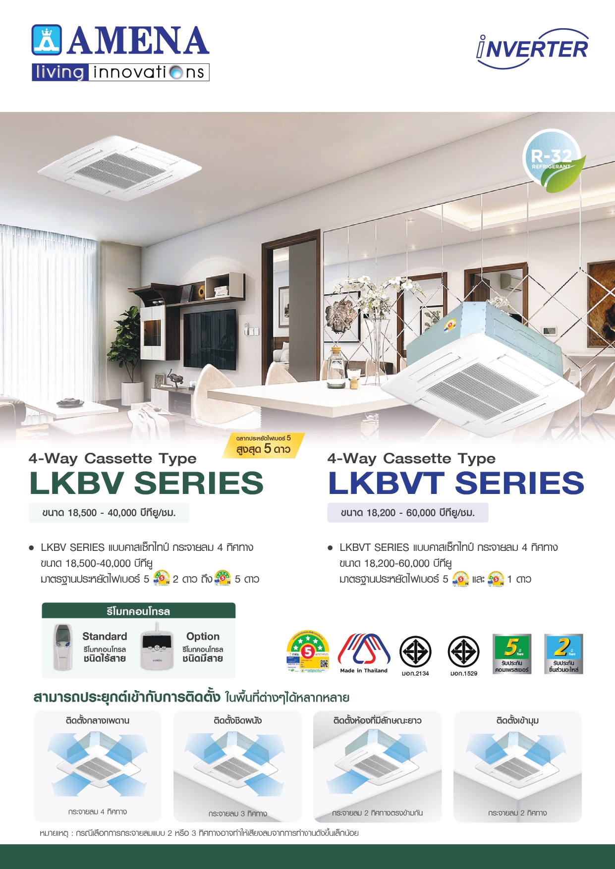เครื่องปรับอากาศ AMENA แบบสี่ทิศทาง ขนาด 36,200 BTU รุ่น LKBVT36B-MNVTE/KCV36B-RSYTE (INVERTER)
