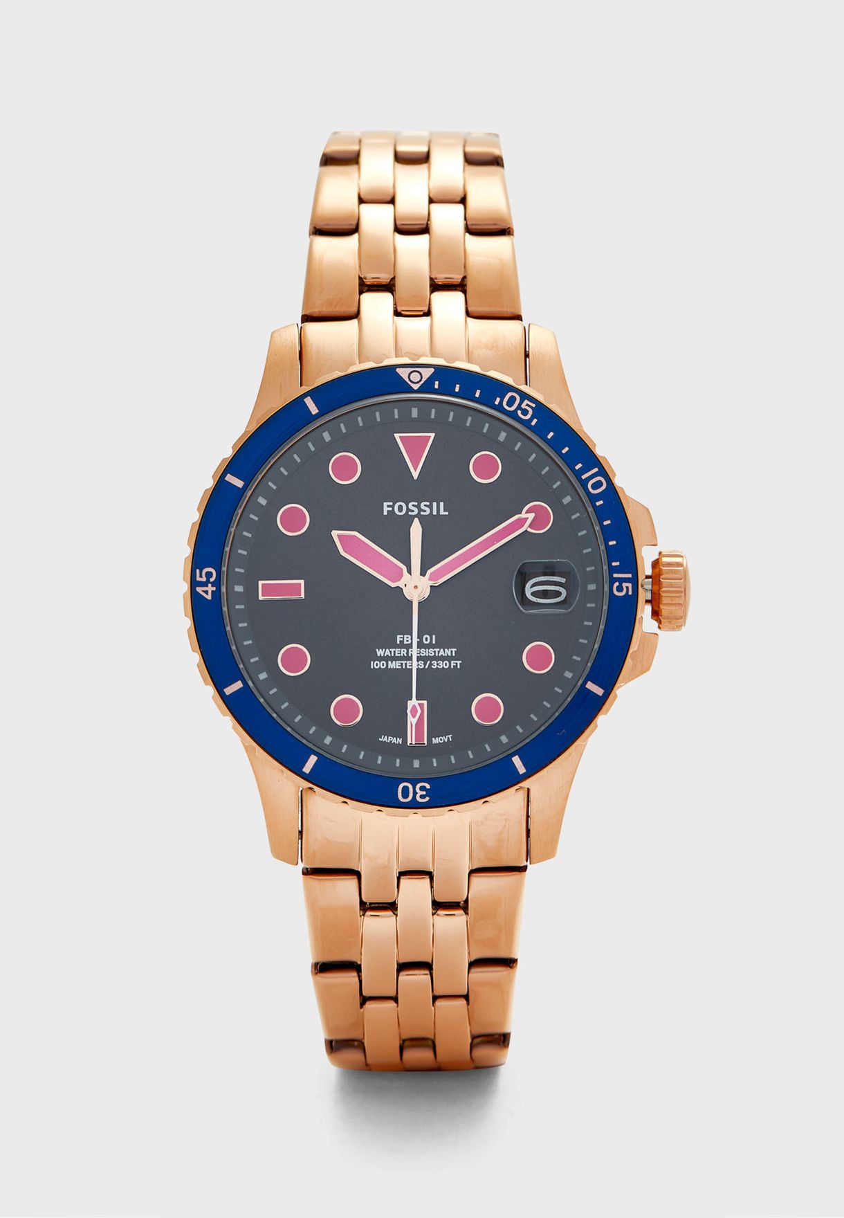 Fossil ES4767 นาฬิกาผู้หญิง FB-01 Three-Hand Date Rose Gold-Tone Stainless Steel Women's Watch