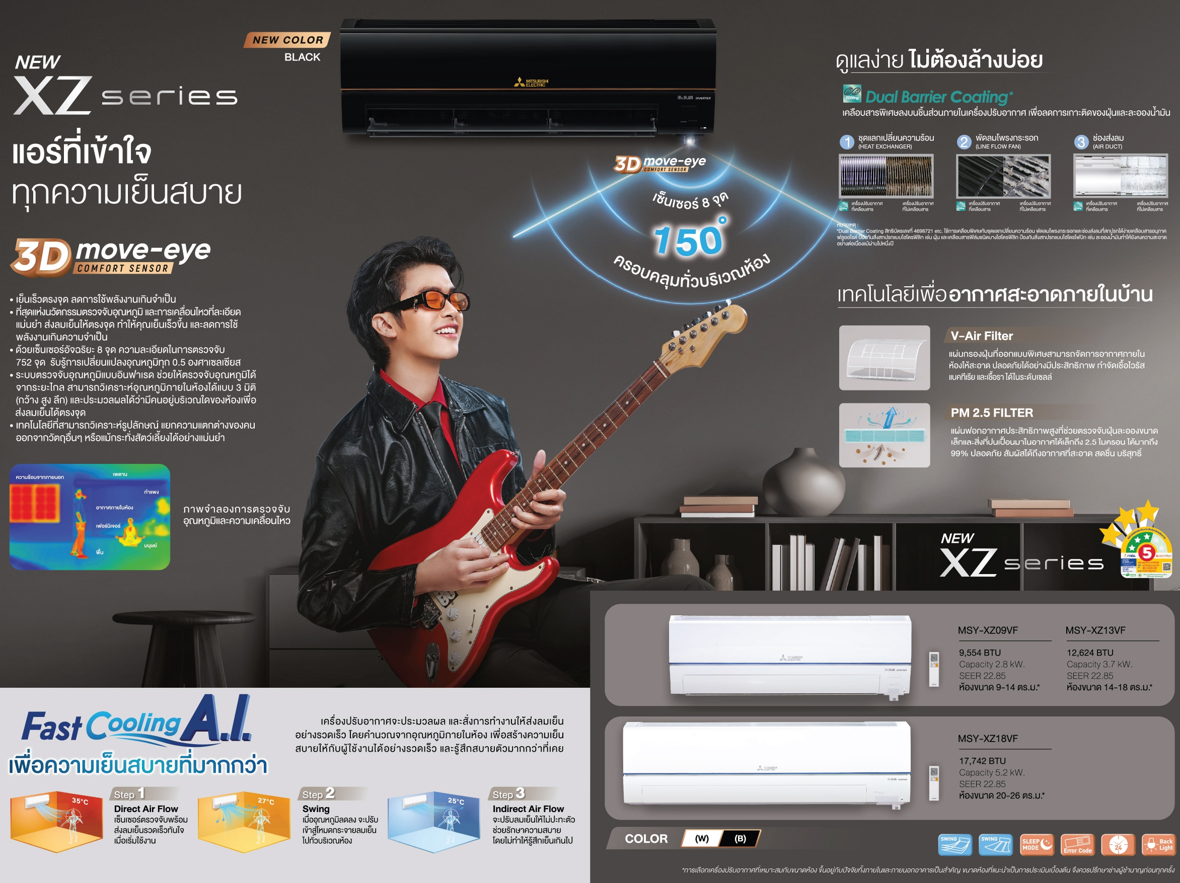 แอร์ MITSUBISHI ELECTRIC แบบติดผนัง ขนาด 12,624 BTU รุ่น MSY-XZ13VFB(INVERTER) (ECO-EYE INVERTER)(สีดำ)