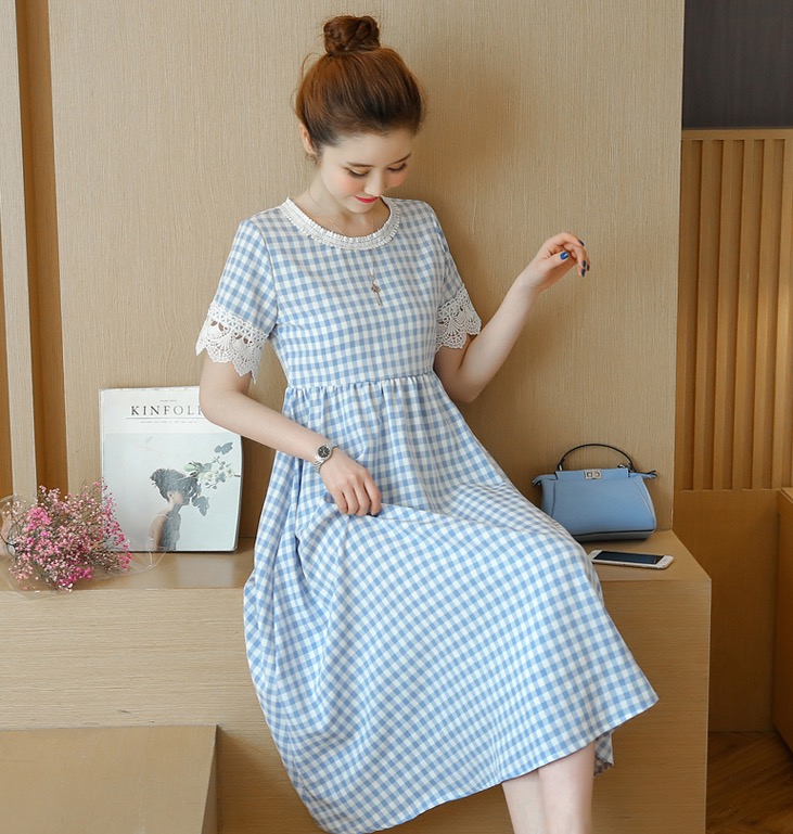 เดรสคลุมท้องแฟชั่นแขนสั้น แขนลูกไม้ ด้านหลังเป็นซิบ รอบท้องใหญ่ทรงระบาย ใส่ถึงคลอด M L XL XXL