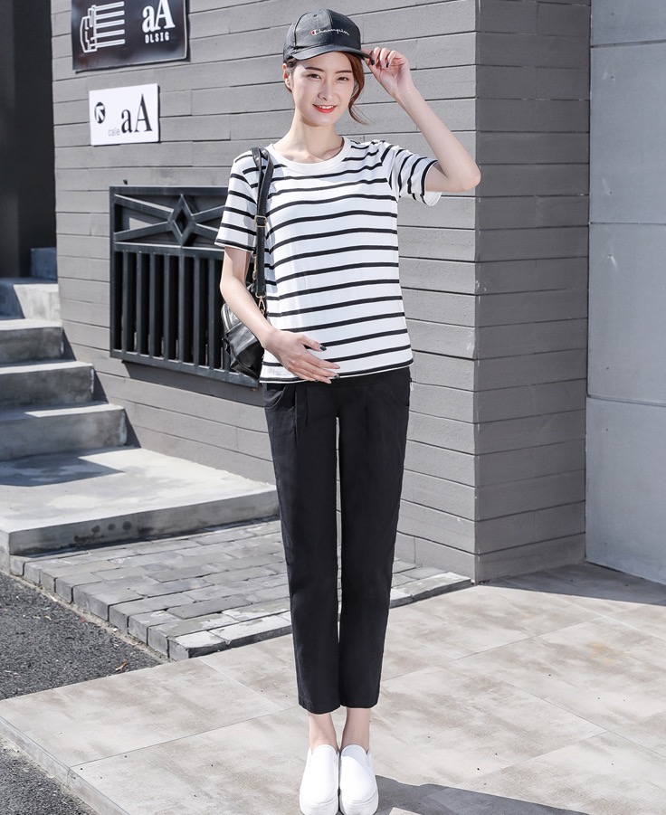 กางเกงคนท้องแฟชั่นเกาหลี 7ส่วน มีกระเป๋าข้างและกระเป๋าหลัง มีผ้าพยุงครรภ์และสายปรับขนาดครรภ์ M,L,XL,XXL