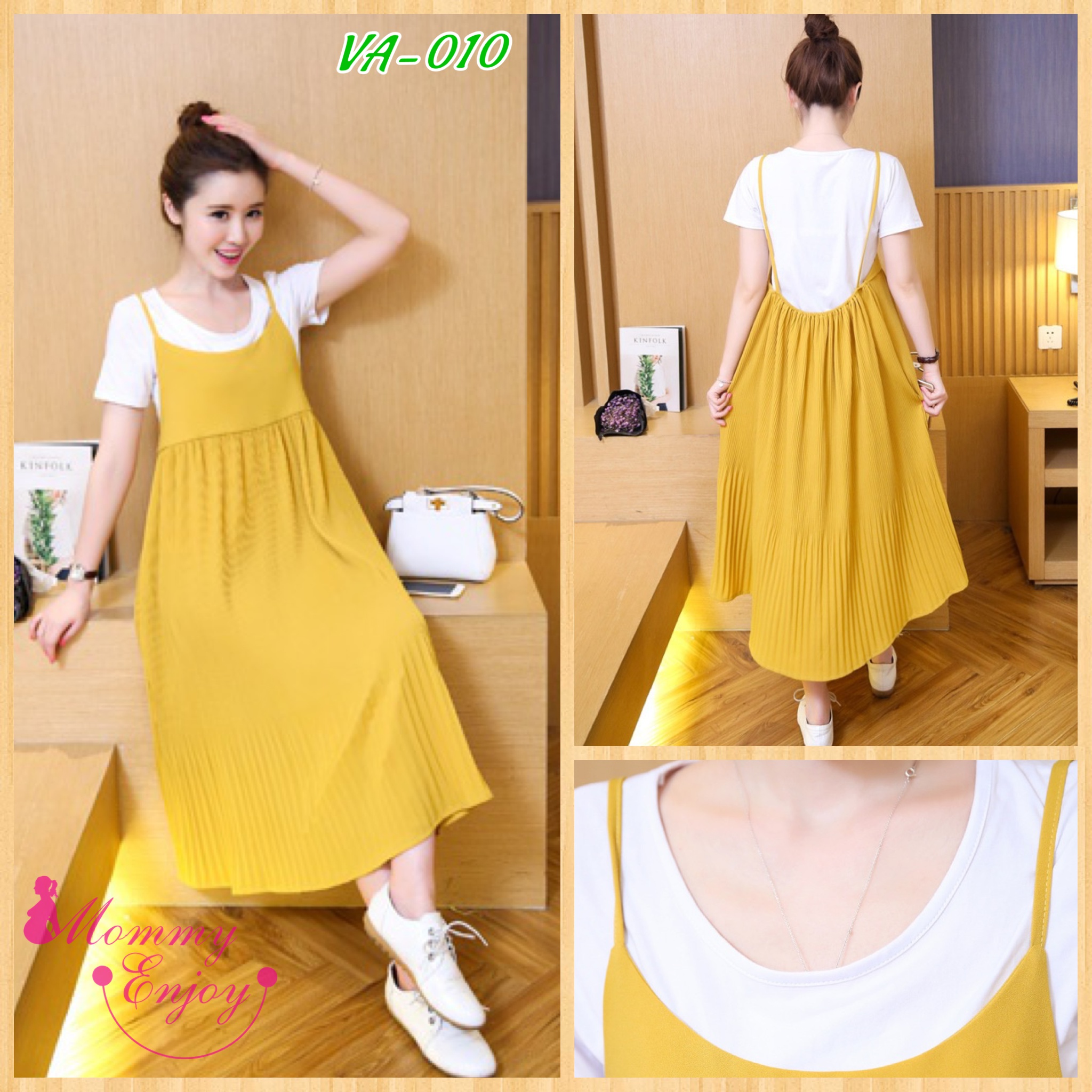 เอี๊ยมกระโปรงคลุมท้อง ยาวด้านล่างอัดพรีทสีเหลือง + เสื้อยืดสีขาว M,L,XL,XXL