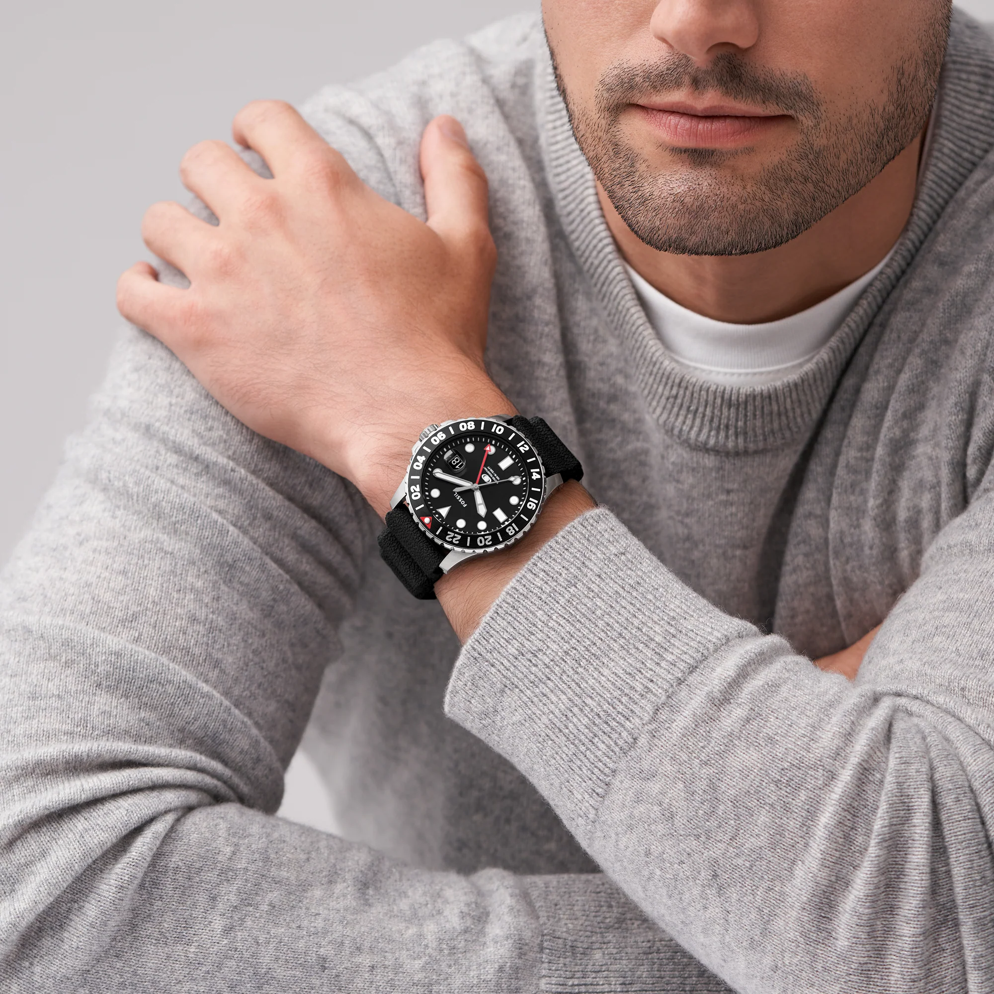 Fossil FS6036 นาฬิกาผู้ชาย GMT Black Silicone Quartz Men's Watch