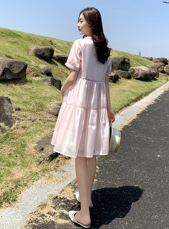 เดรสคลุมท้องแฟชั่นเกาหลี ผ้าไหมแก้ว เนื้อละเอียด มีซับใน ผูกโบว์ที่คอ M L XL XXL