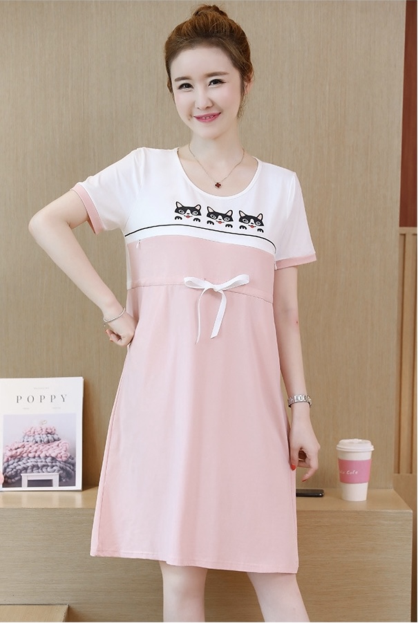 ชุดคลุมท้องเปิดให้นม แขนสั้น ลายแมวเหมียว ปรับขนาดได้ตามอายุครรภ์ M L XL XXL