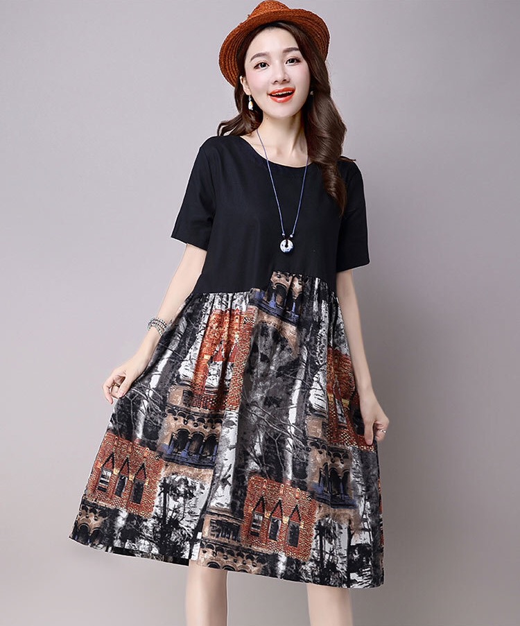 ชุดคลุมท้องแขนยาว ผ้าลินิน ลาย mosaic สไตล์วินเทจ แบบน่ารัก ใส่สบาย M L XL XXL