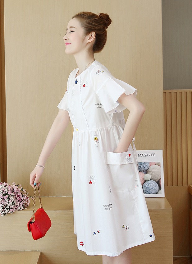 ชุดคลุมท้องแฟชั่นเกาหลี พิมพ์ลายสวย ผ้าเนื้อดี ใส่สบายไม่ร้อน มีกระเป๋าข้าง เชือกปรับขนาดครรภ์ M L XL XXL