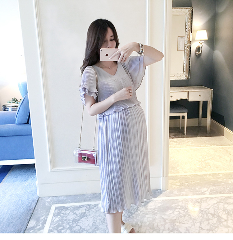 ชุดคลุมท้องแฟชั่น สีเทา ชุดสวยอัดพรีททั้งชุด แขนระบาย M L XL XXL