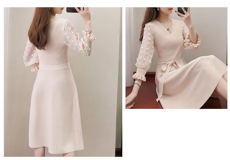 เดรสคลุมท้องแฟชัน ผ้ายืดเนื้อนิ่ม ช่วงแขนซีทรูประดับด้วยดอกไม้3มิติ ช่วงเอวผูกปรับขนาด ฟรีไซส์