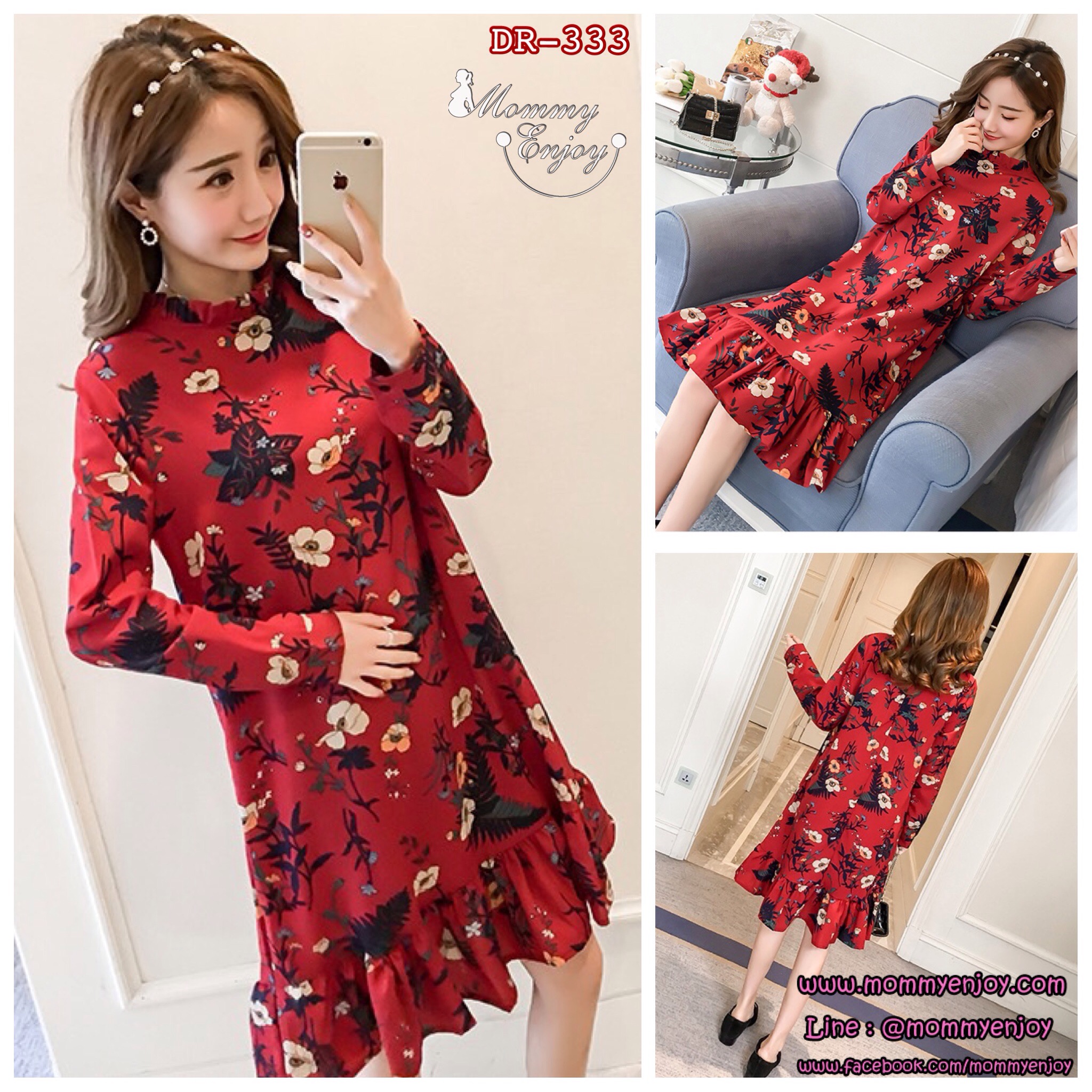 ชุดคลุมท้องแขนยาว ผ้าชีฟอง ลายดอกไม้น่ารัก ทำระบายที่คอและกระโปรง M L XL XXL