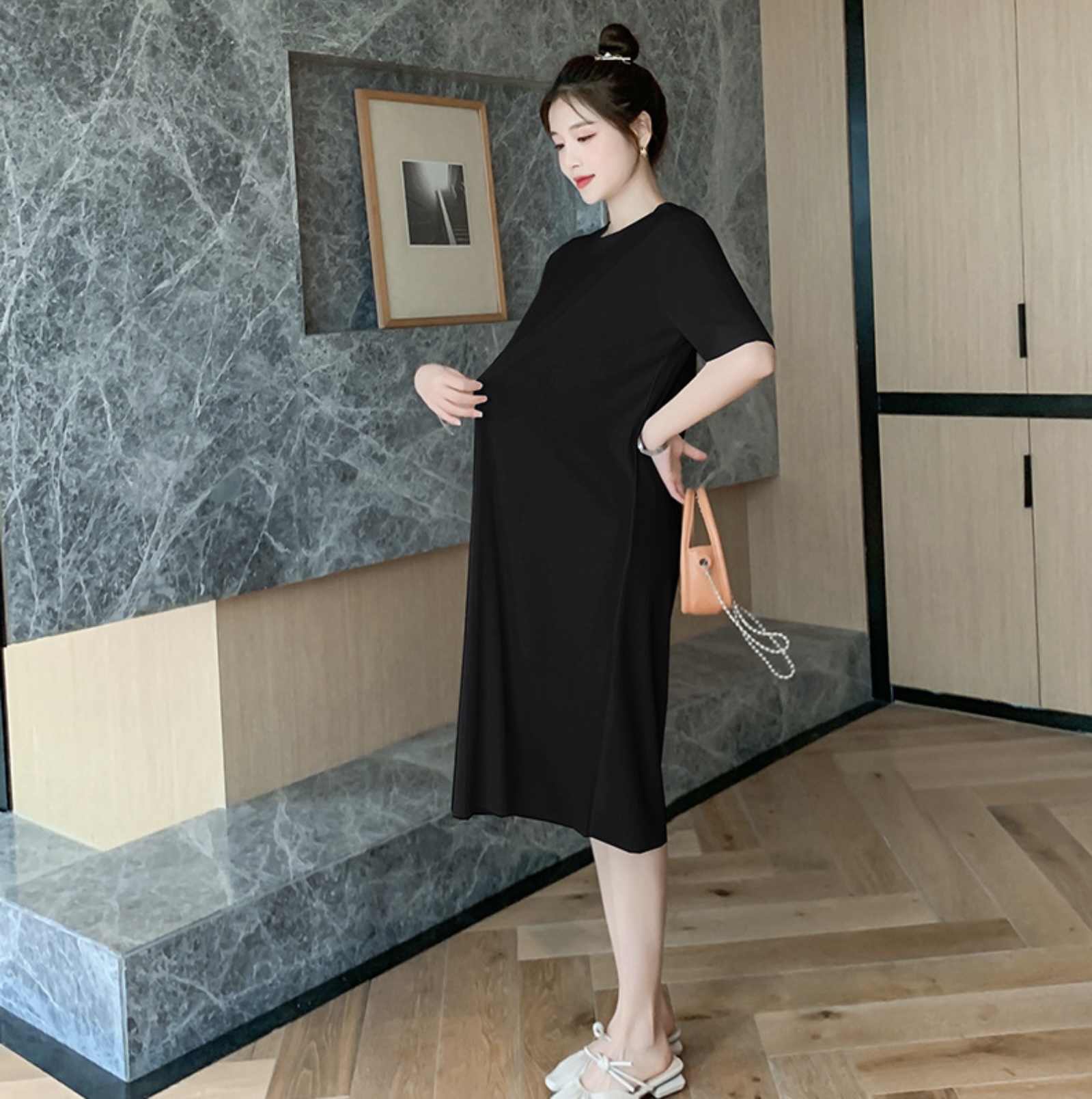 เดรสคลุมท้องแฟชั่นสบายๆ แขนสั้น ดูดี ผ้าทิ้งตัว มีน้ำหนัก เนื้อดีค่ะ M L XL XXL