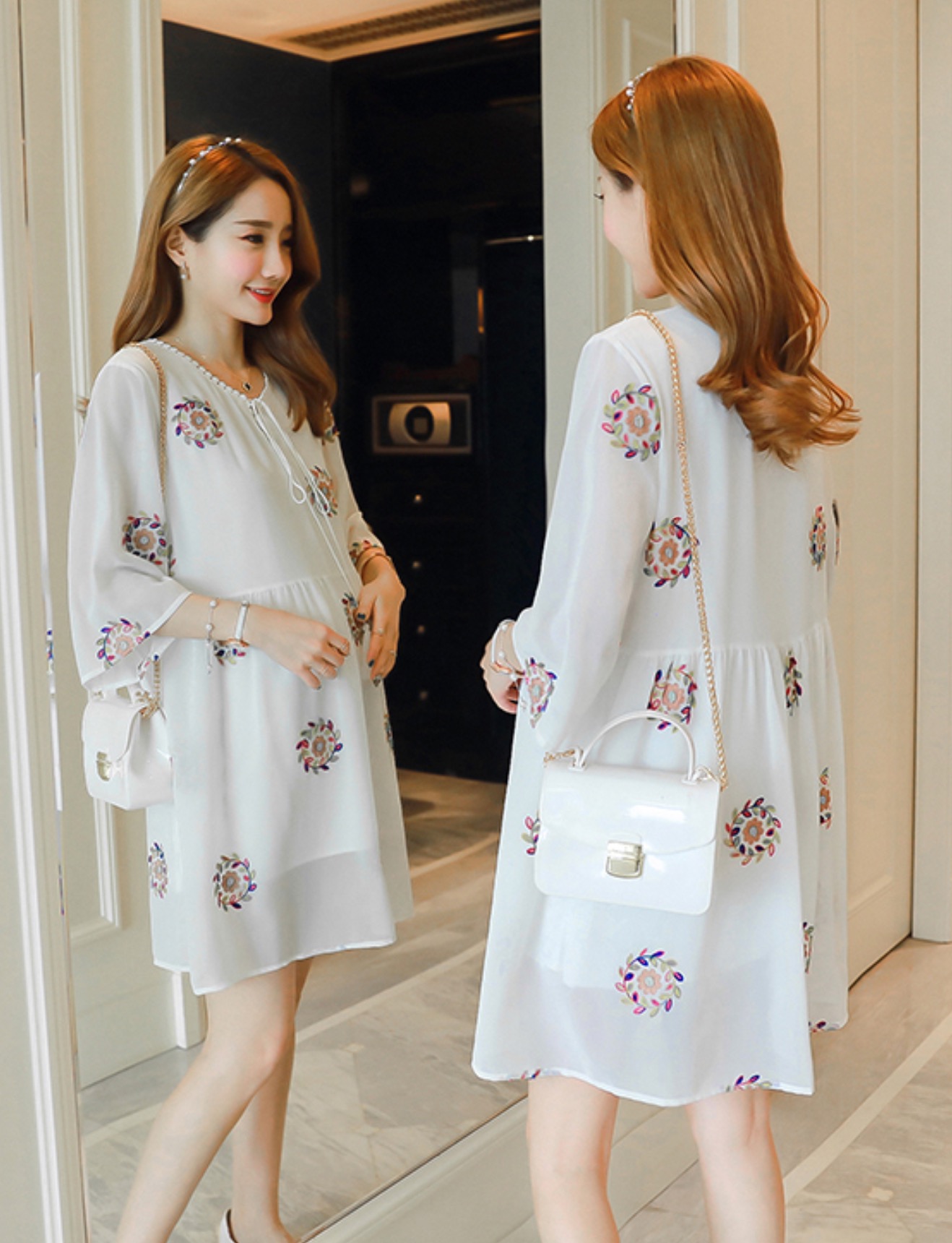 ชุดคลุมท้องเกาหลี ผ้าชีฟองมีซับในเต็มชุด คอลูกไม้มีเชือกผูก ปักลายดอกไม้ M,L,XL,XXL