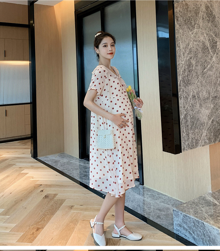 เดรสคลุมท้องแฟชั่น ผ้าชีฟอง ลายจุด มีซับใน ผ้าเนื้อดี ใส่สวย ดีไซน์เก๋ M L XL XXL