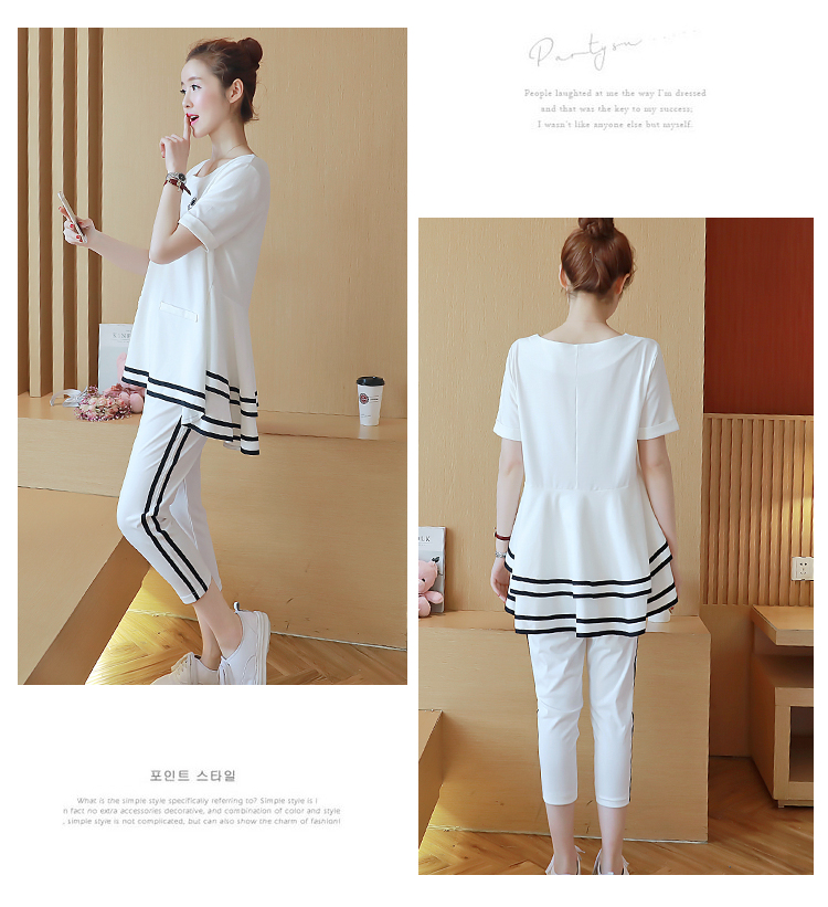 ชุดเสื้อ+กางเกง 5ส่วน ลายเส้นสปอต ดูคล่องตัว กระเป๋าหลอก เบาสบาย น่ารัก M,L,XL,XXL