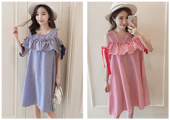 เดรสคลุมท้องแฟชั่นเปิดให้นม เปิดไหล่ มีเชือกผูกที่แขน รอบท้องใหญ่ใส่ได้ถึงคลอด มีเชือกผูก M L XL,XXL