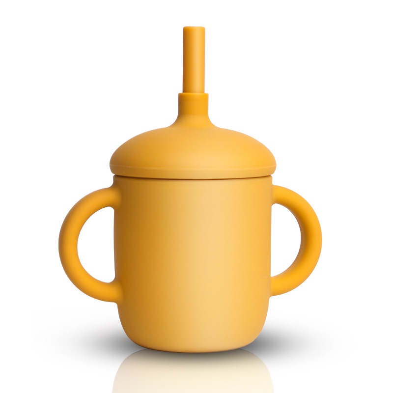 ถ้วยหัดดื่ม แก้วหัดดื่ม ซิลิโคนฟู้ดเกรค มีฝาปิด แก้วน้ำพร้อมหลอดดูด มีหูจับ Food Grade