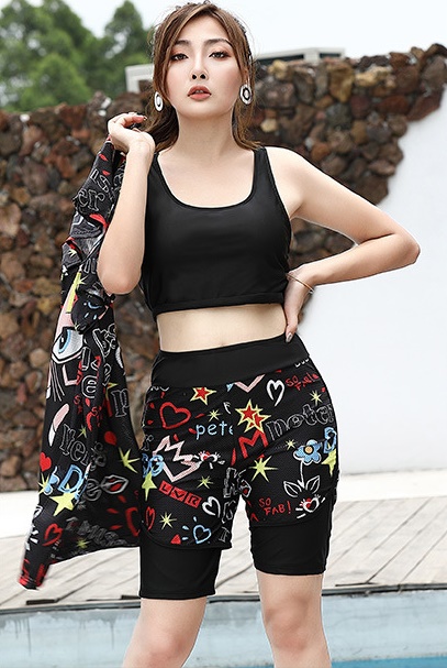 ชุดว่ายน้ำแบบสปอร์ตคนอ้วน 7xl พร้อมส่ง :ชุดว่ายน้ำไซส์ใหญ่สีดำแต่งลายกราฟฟิก set 3 ชิ้น มีเสื้อคลุมตัวนอก บราแต่งลายอักษร และกางเกงขาสั้นแต่งลายสีสันสวยสดใส แบบเก๋น่ารักมากๆจ้า:บรารอบอก44-54นิ้ว เอว42-52นิ้ว สะโพก44-58นิ้ว เสื้อคลุมรอบอกกว้าง58นิ้ว