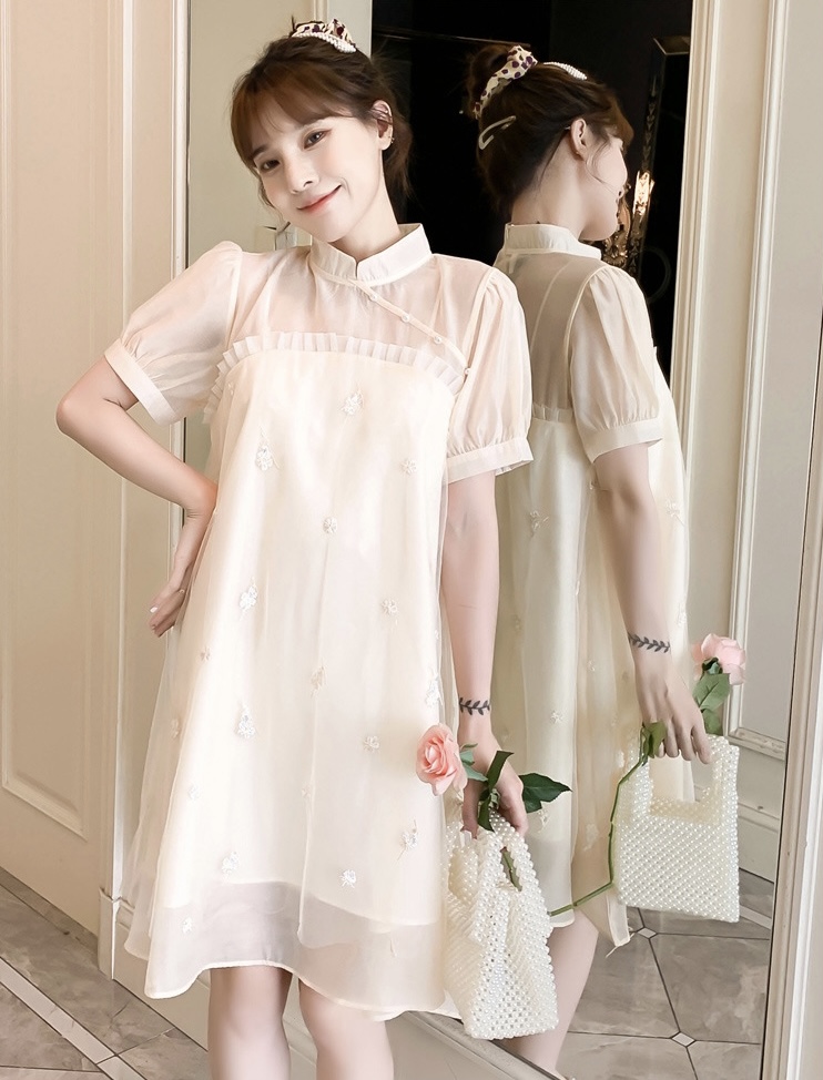 เดรสคลุมท้องแฟชั่นเกาหลี คอจีน ช่วงบนซีทรูแต่งระบาย แขนตุ๊กตา มีซับใน น่ารักเกินร้อย M L XL XXL