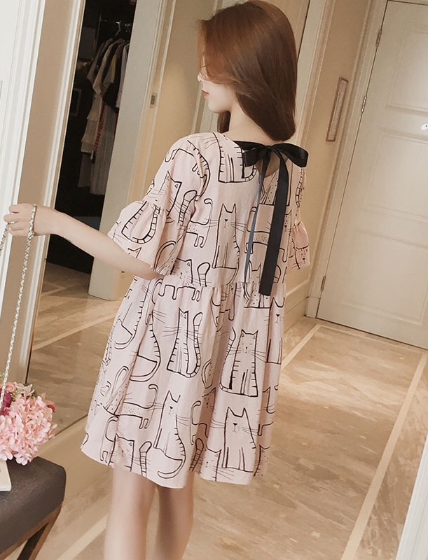 เดรสคลุมท้องแฟชั่นสไตล์เกาหลี ผ้าcotton ลายแมว แขนระบาย ผูกโบว์น่ารักมาก M L XL,XXL