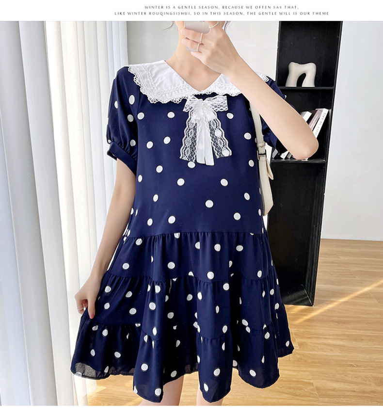 ชุดคลุมท้องแฟชั่นเกาหลี ผ้าชีฟองลายจุด คอแขนตุ๊กตา แต่งด้วยโบว์ มีซับใน ใส่ดีมาก M L XL XXL