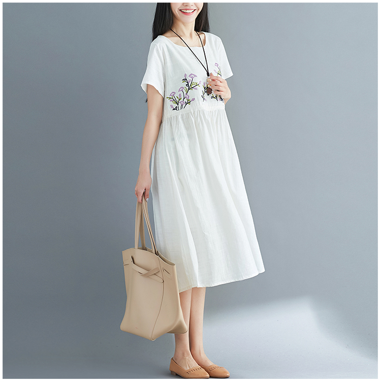 เดรสคนท้องแฟชั่นสไตล์ Retro ผ้าฝ้ายปักลายสวยน่ารัก ปรับขนาดได้ผูกข้าง M L XL,XXL