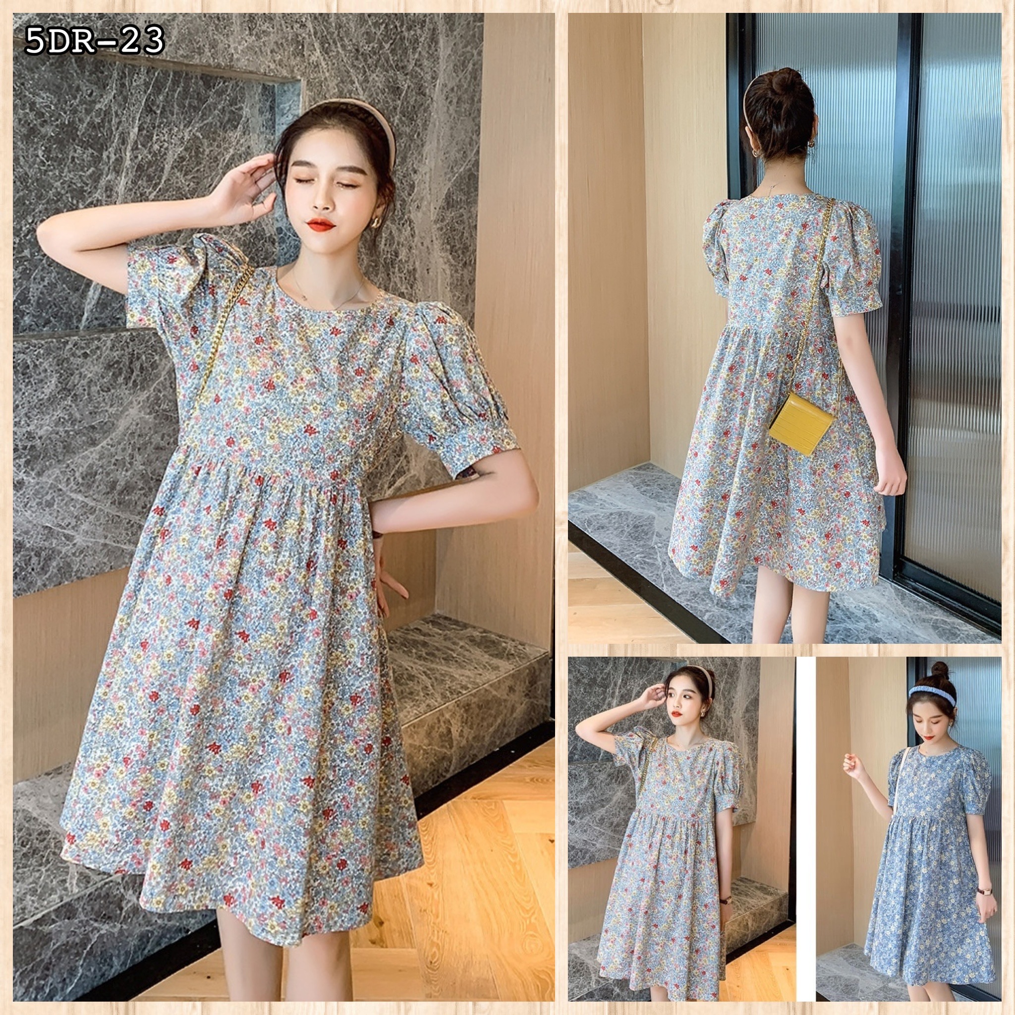 เดรสคลุมท้องแฟชั่นเกาหลี ผ้าฝ้าย ลายดอกวินเทจน่ารัก แขนตุ๊กตา ช่วงท้องระบาย ใส่ได้ถึงคลอด M L XL XXL