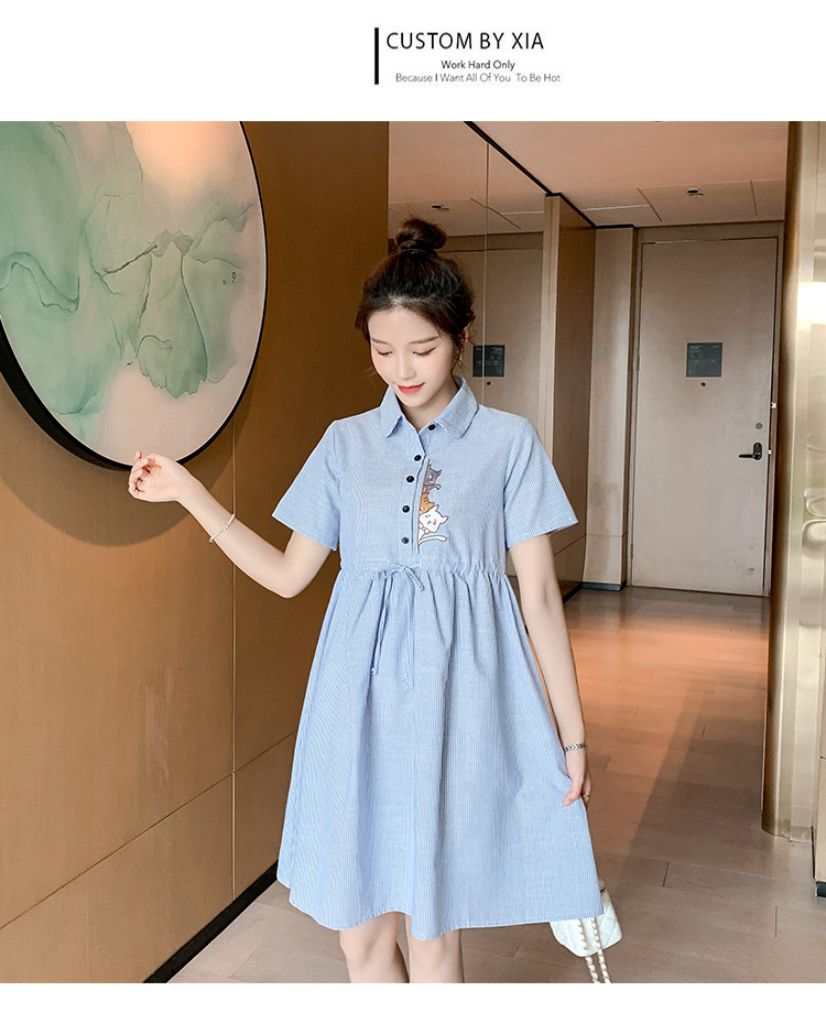 เดรสคลุมท้องแฟชั่นคอปกแขนสั้น ผ้าฝ้ายเหมียวน้อยน่ารัก ผ้าลายสวย มีเชือกปรับขนาดครรภ์ได้ กระดุมเปิดให้นมก็ได้ M L XL XXL