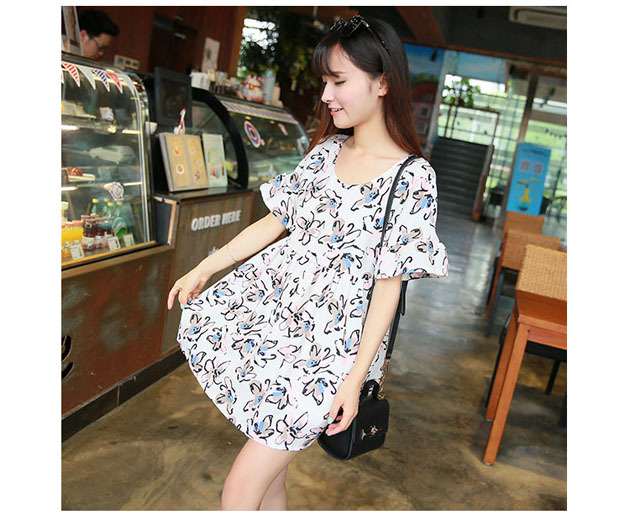 ชุดคลุมท้อง ลายดอกไม้หวานๆ ขาวชมพู S,M,L,XL