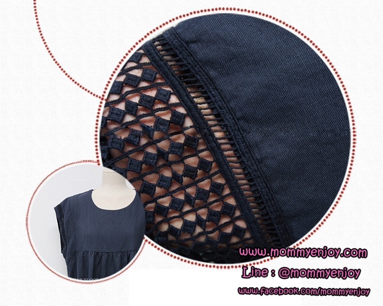 เดรสคนท้อง ผ้าฝ้ายใส่สบายๆ ทรงน่ารัก ต่อด้วยลูกไม้เล็กๆ สีน้ำงิน M,L,XL,XXL