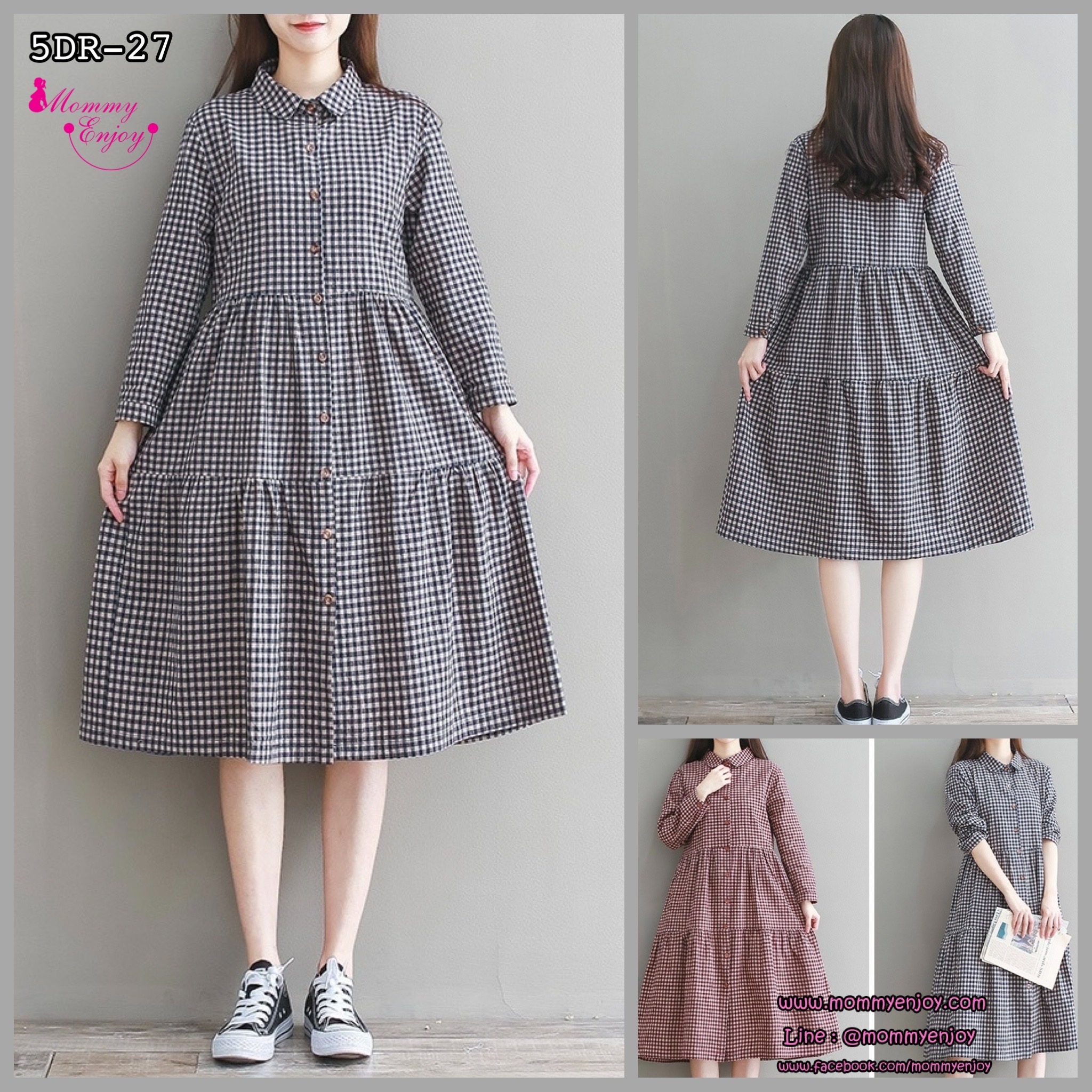 เดรสคลุมท้องแฟชั่น แขนยาว คอปก กระดุมหน้า เปิดให้นมได้ ชุดยาว สวย ใส่ได้คล่องตัว M L XL XXL