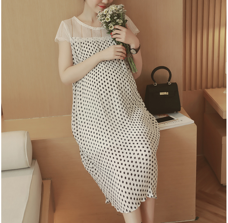 เดรสคลุมท้องแนวเกาหลี อัดพรีท ลายจุด ด้านบนซีทรู น่ารักฝุดๆ M,L,XL,XXL