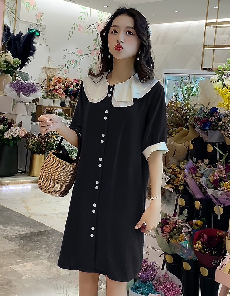 เดรสคลุมท้องแฟชั่น ทรงตุ๊กตา คอบัว กระดุมเปิดให้นมได้ ช่วงปก ทำย่นเพิ่มความน่ารัก M L XL XXL