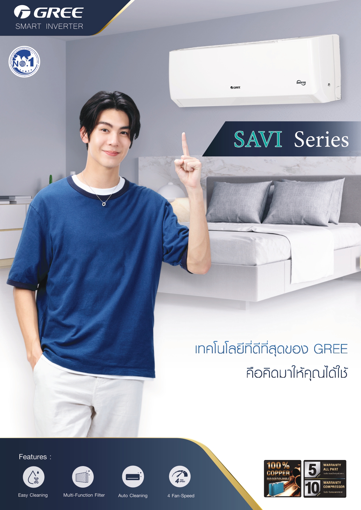 เครื่องปรับอากาศ GREE แบบติดผนัง ขนาด 9,066 BTU รุ่น GWC09AGB2 (SAVI SERIES) INVERTER