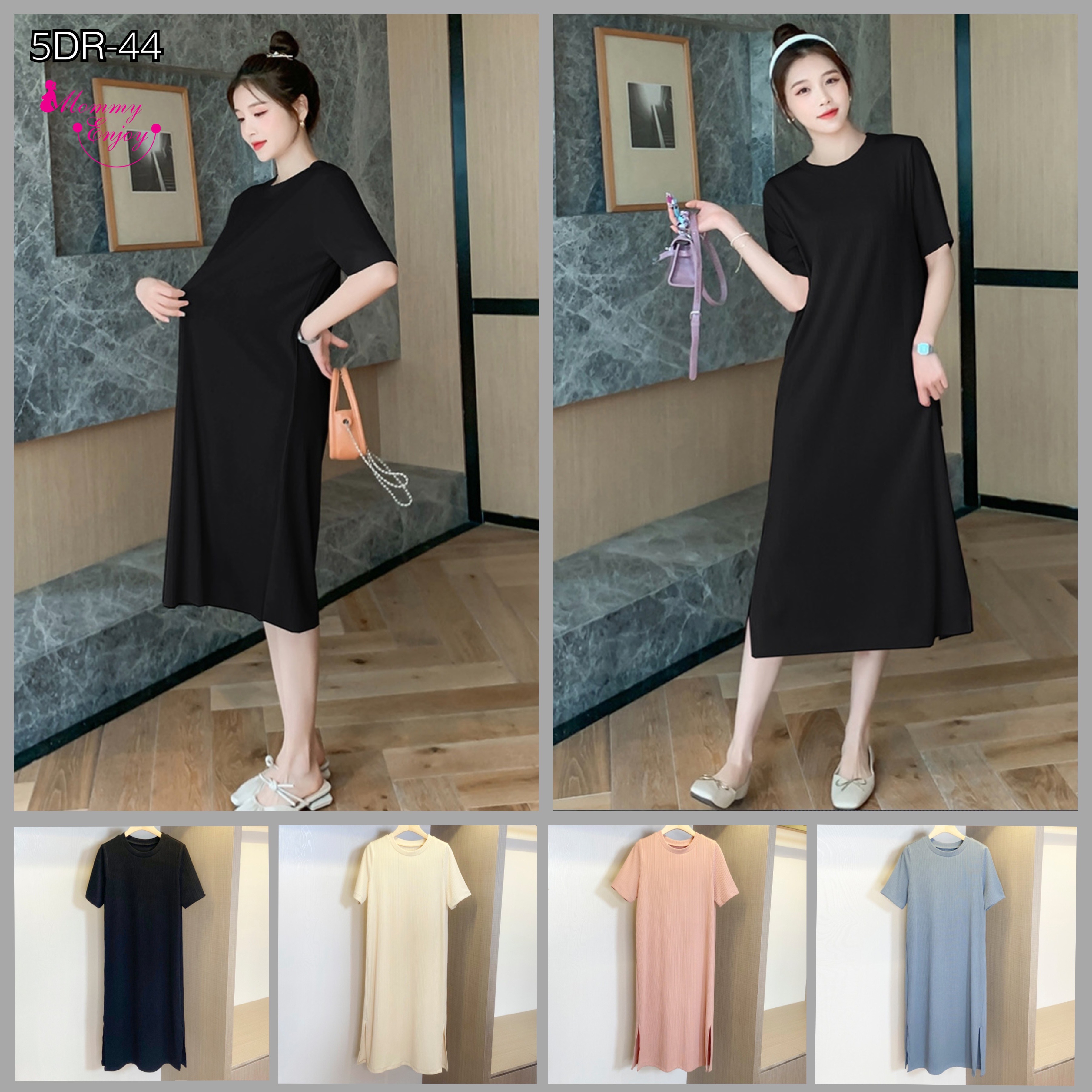 เดรสคลุมท้องแฟชั่นสบายๆ แขนสั้น ดูดี ผ้าทิ้งตัว มีน้ำหนัก เนื้อดีค่ะ M L XL XXL