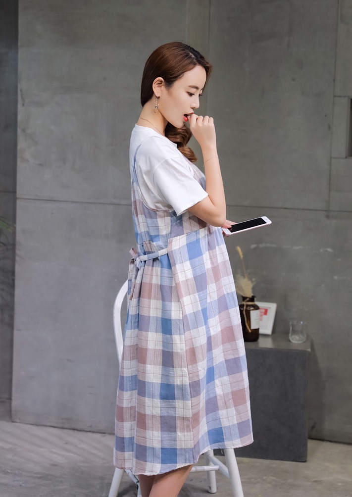 เอี๊ยมกระโปรงคลุมท้องยาว ลายสก๊อต สีสันน่ารัก + เสื้อยืดสีขาว M,L,XL,XXL